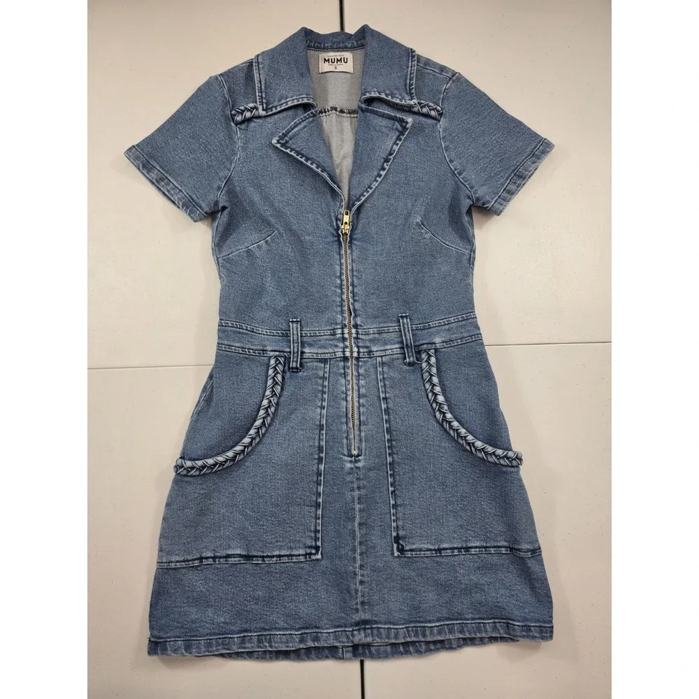 Show Me Your Mumu Women's US S Outlaw Belted Denim Mini Dress Blue NO BELT